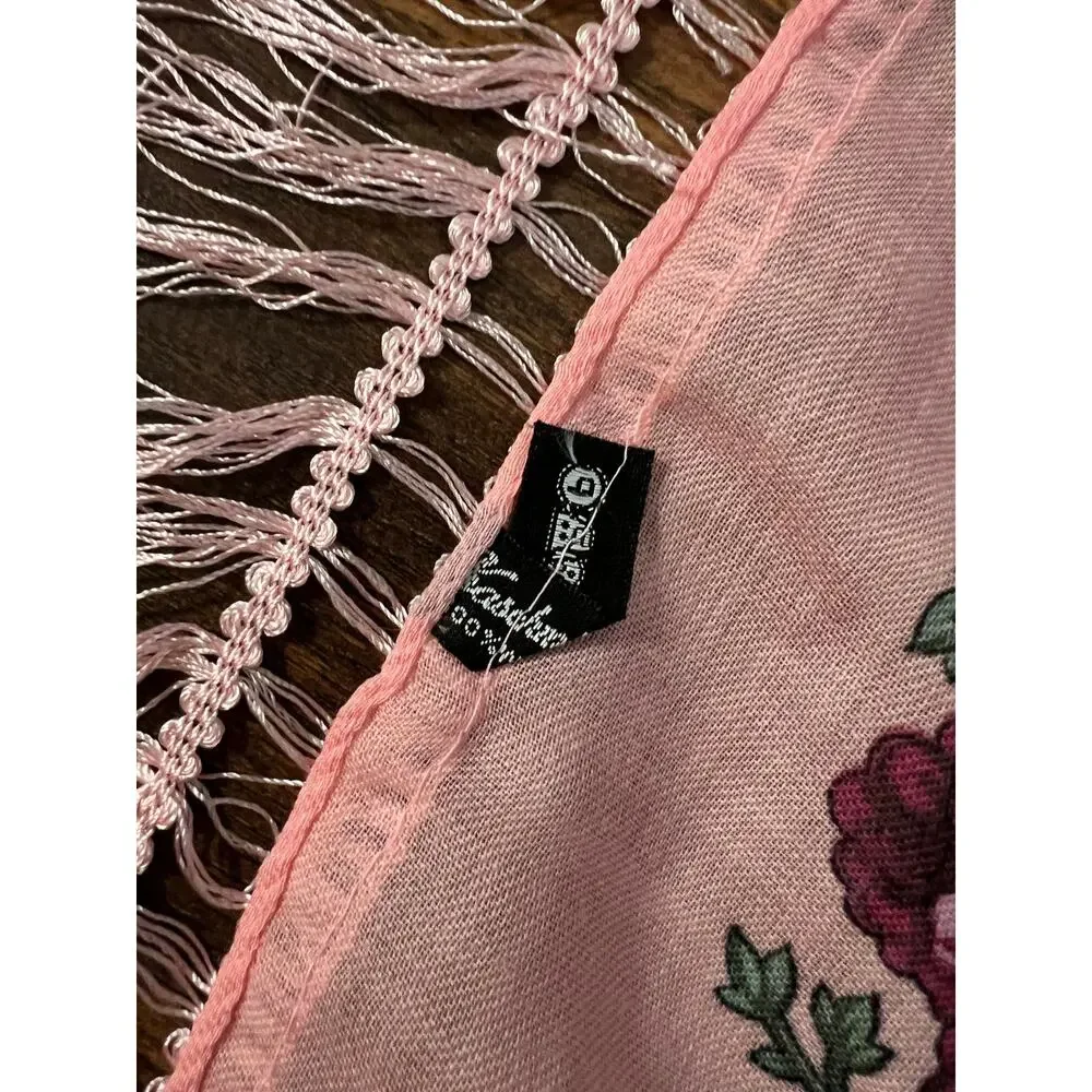 Vintage Kashmir Woole Floral Fringe Scarf - Pink Rose Square Wrap Bohemian Style